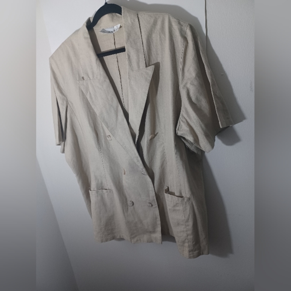 Adrian Jordan Beige Cotton/Linen Vintage 90s Short Sleeve Blazer Size 24W
